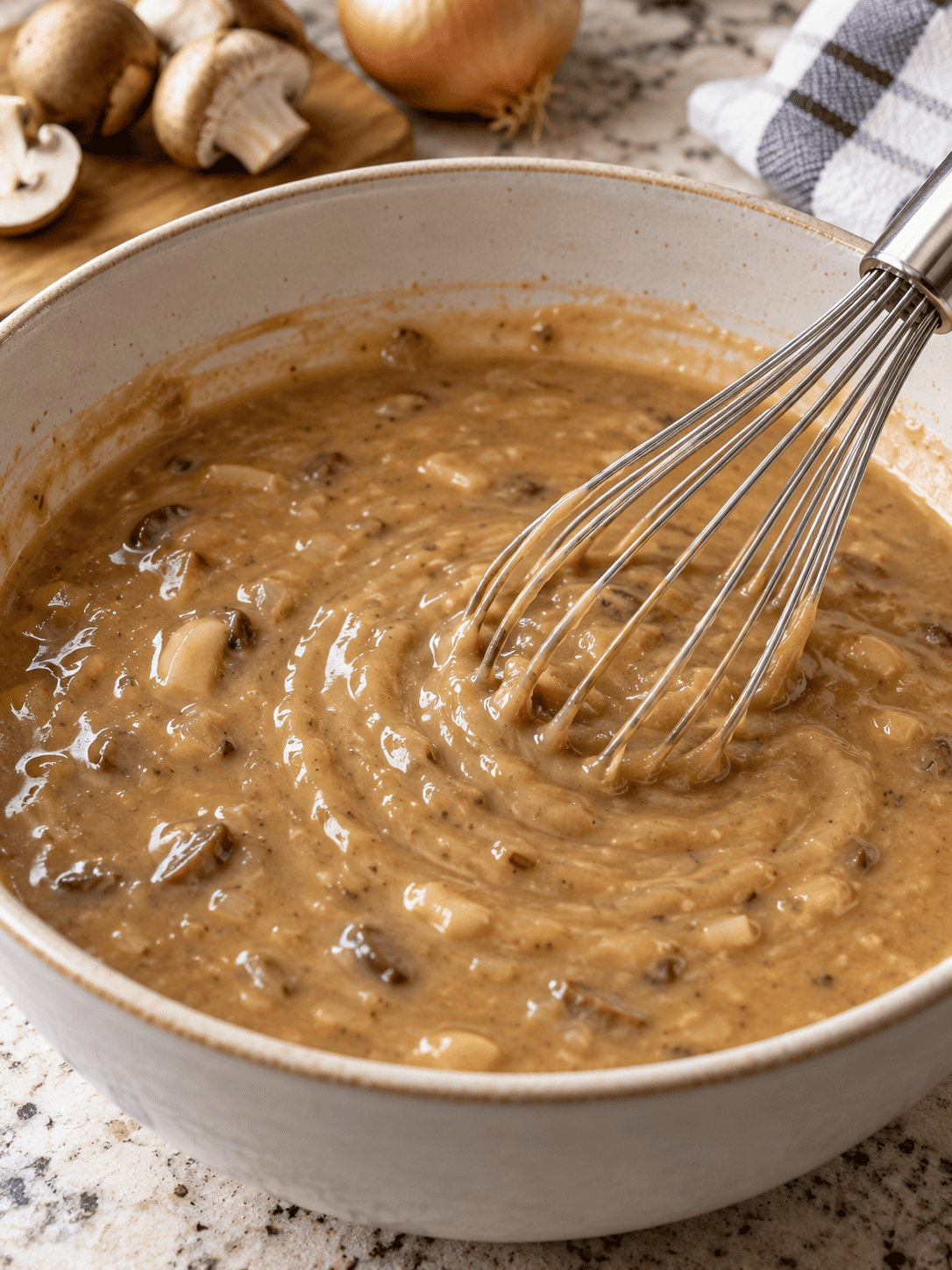 Creamy onion mushroom gravy being mixed in a bowl