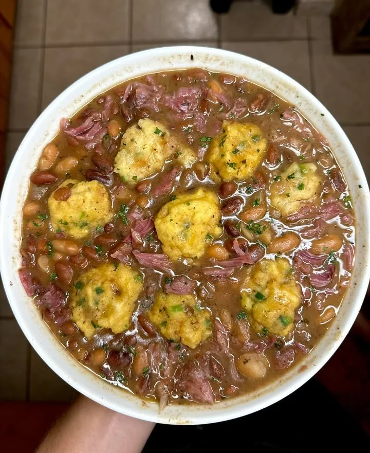 Great Northern and Pinto beans served with Jalapeno cornbread dumplings