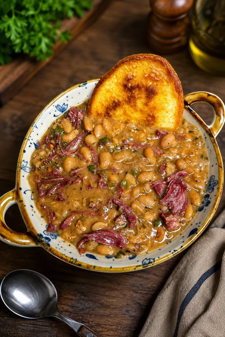 Plate of Great Northern Beans with Smoked Turkey Necks and Ho Cakes