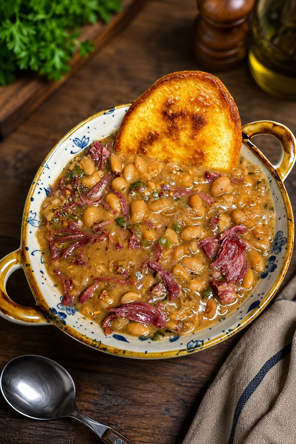 Plate of Great Northern Beans with Smoked Turkey Necks and Ho Cakes