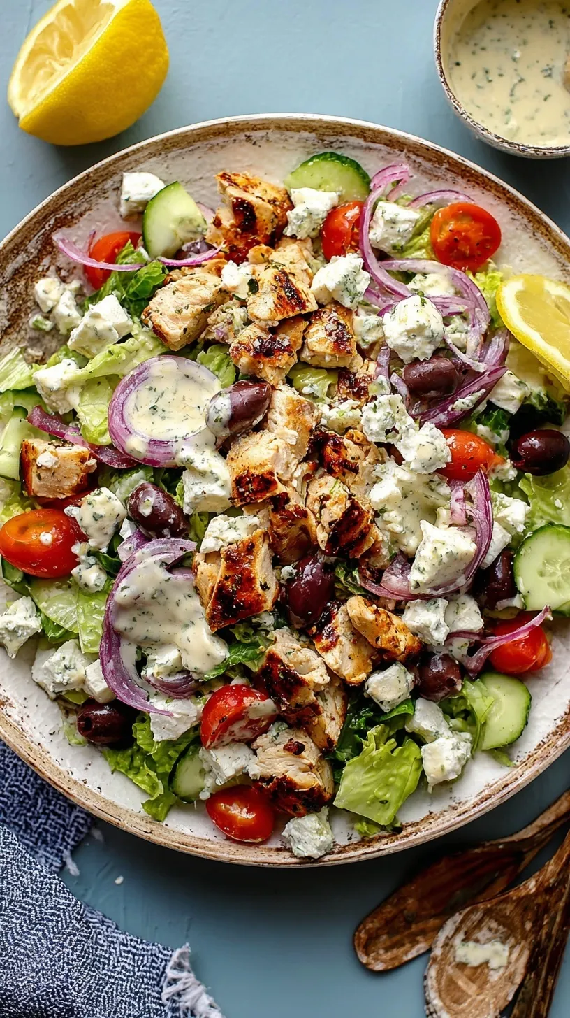 A vibrant Greek Chicken Salad with grilled chicken strips, feta cheese, and olives in a large bowl.