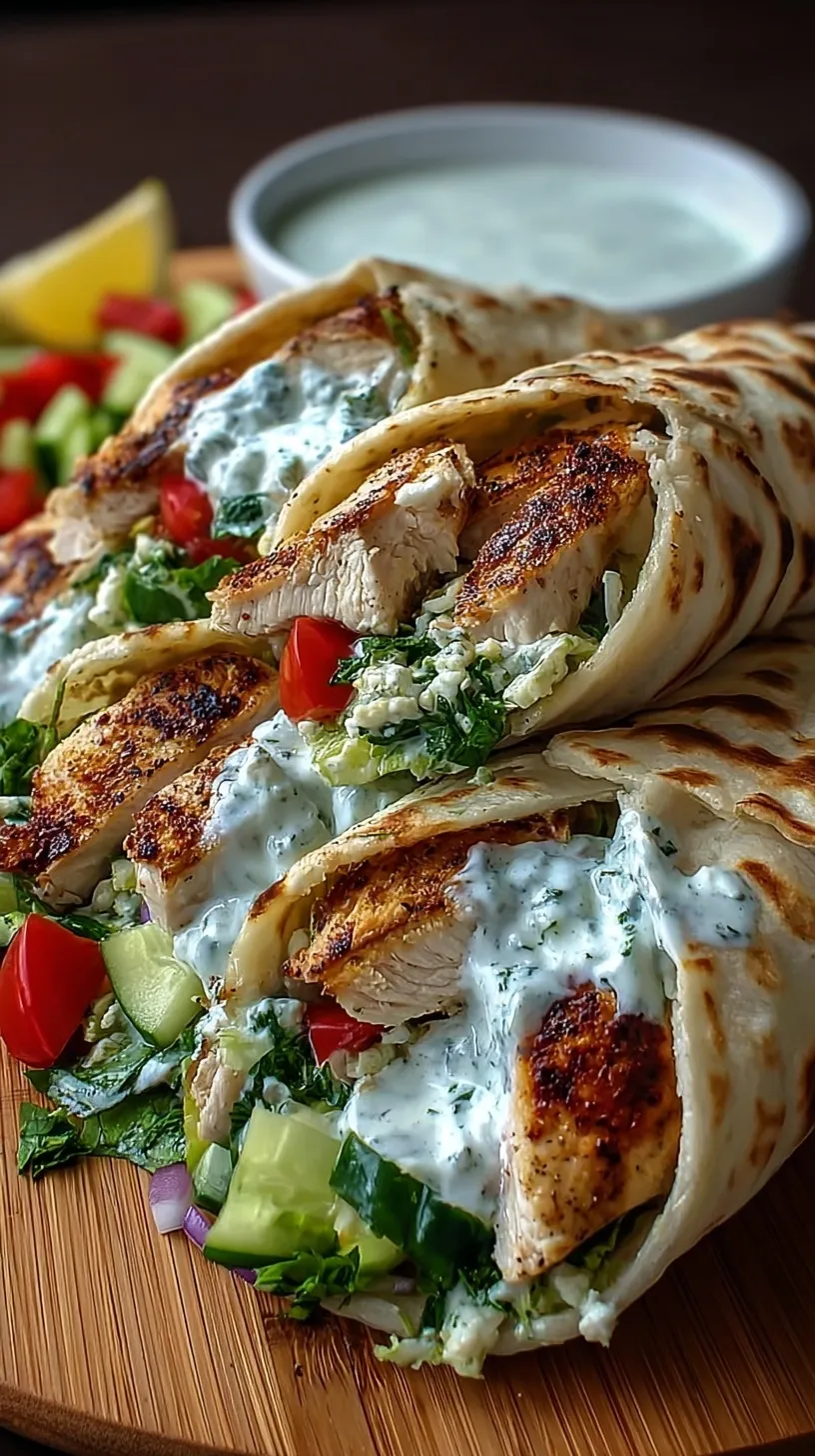 Grilled Greek chicken strips inside a warm pita with fresh vegetables and creamy white tzatziki sauce.