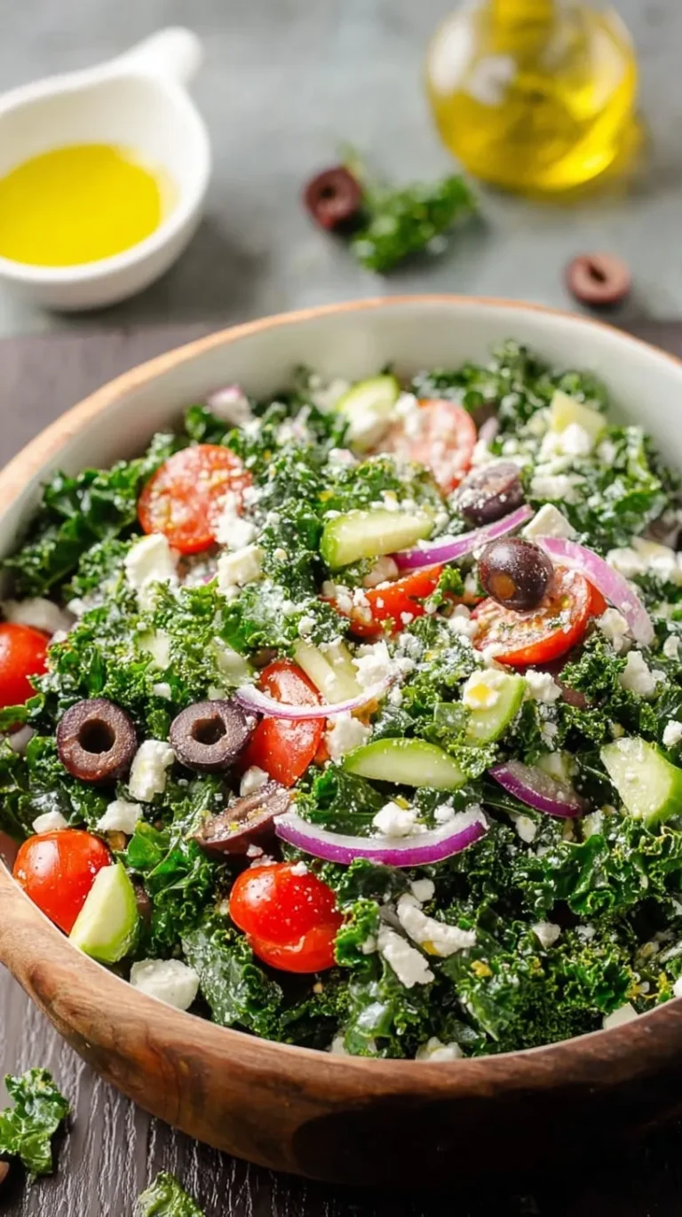 A vibrant Greek Kale Salad in a large bowl with feta, olives, and tomatoes