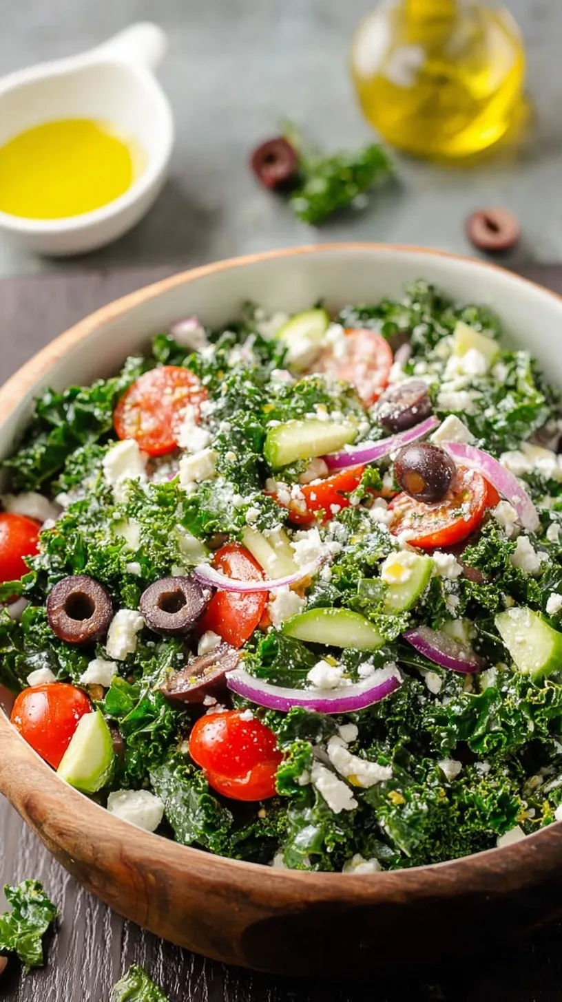 A vibrant Greek Kale Salad in a large bowl with feta, olives, and tomatoes