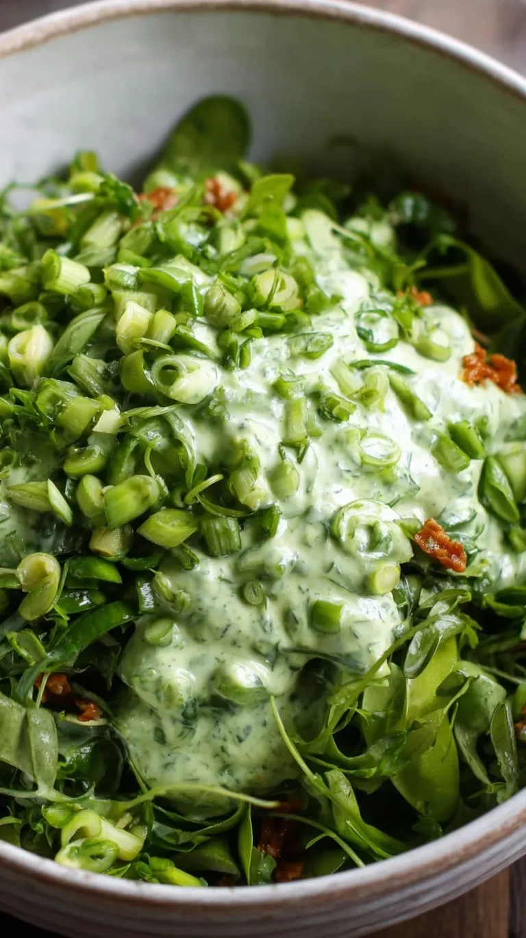 A vibrant green goddess salad with finely diced cabbage and a creamy herb dressing in a white bowl.