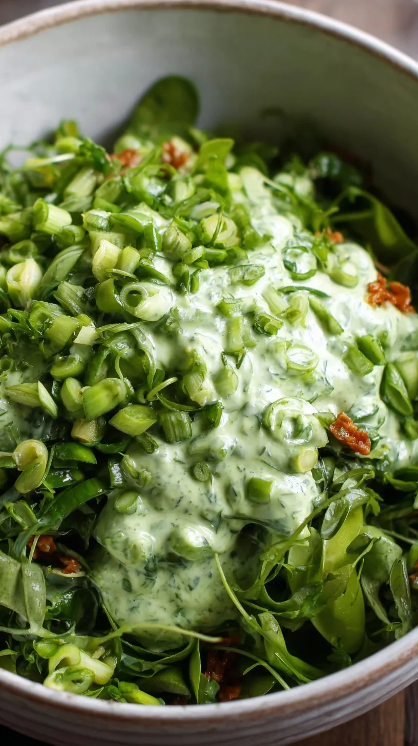 A vibrant green goddess salad with finely diced cabbage and a creamy herb dressing in a white bowl.