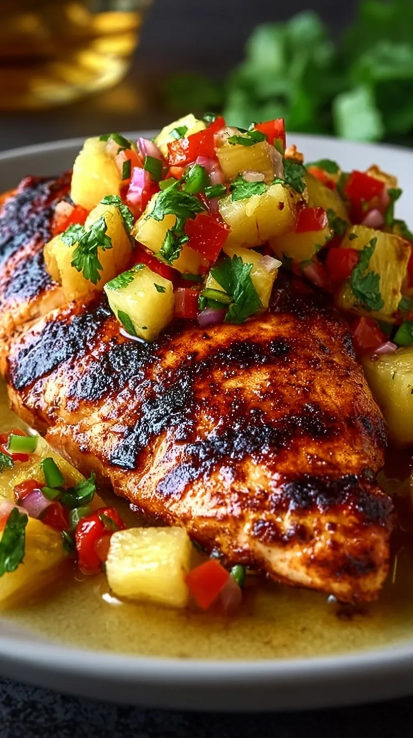 Juicy grilled chicken breasts topped with a colorful pineapple and red onion salsa on a white platter.
