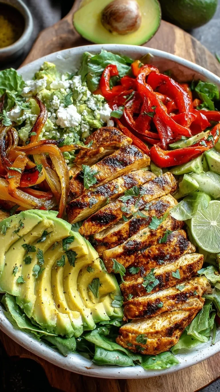 A vibrant bowl of Grilled Fajita Chicken Salad with sliced avocado and charred peppers