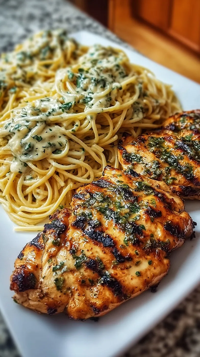 Grilled garlic herb chicken strips served over a bed of creamy alfredo spaghetti with fresh parsley garnish.