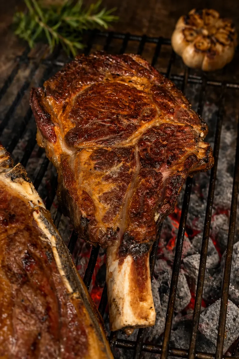 grilled ribeye steak with crispy sear cooking on charcoal grill