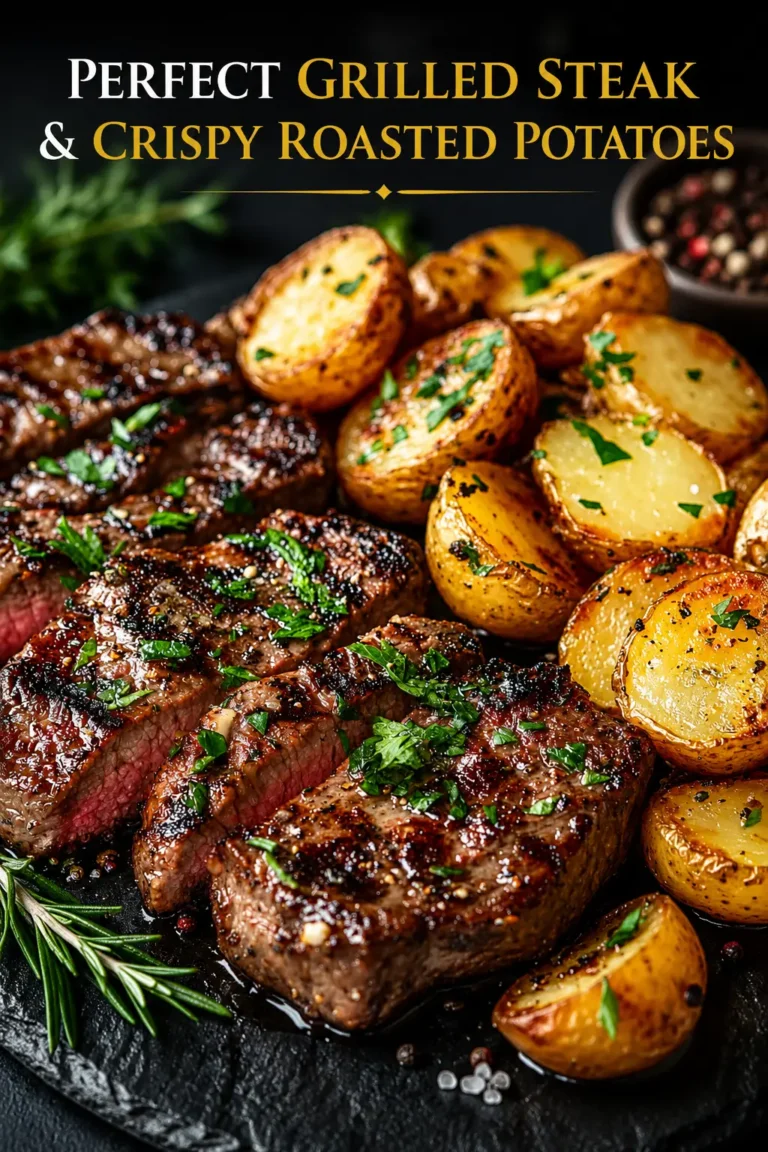 Juicy grilled steak served with crispy golden roasted baby potatoes, fresh parsley, and rosemary on a black serving platter.