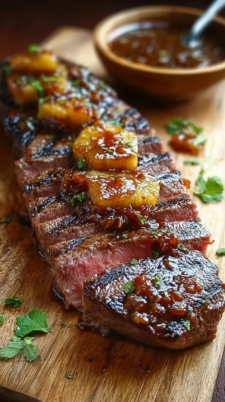 Juicy grilled steaks topped with charred pineapple rings and a glossy glaze