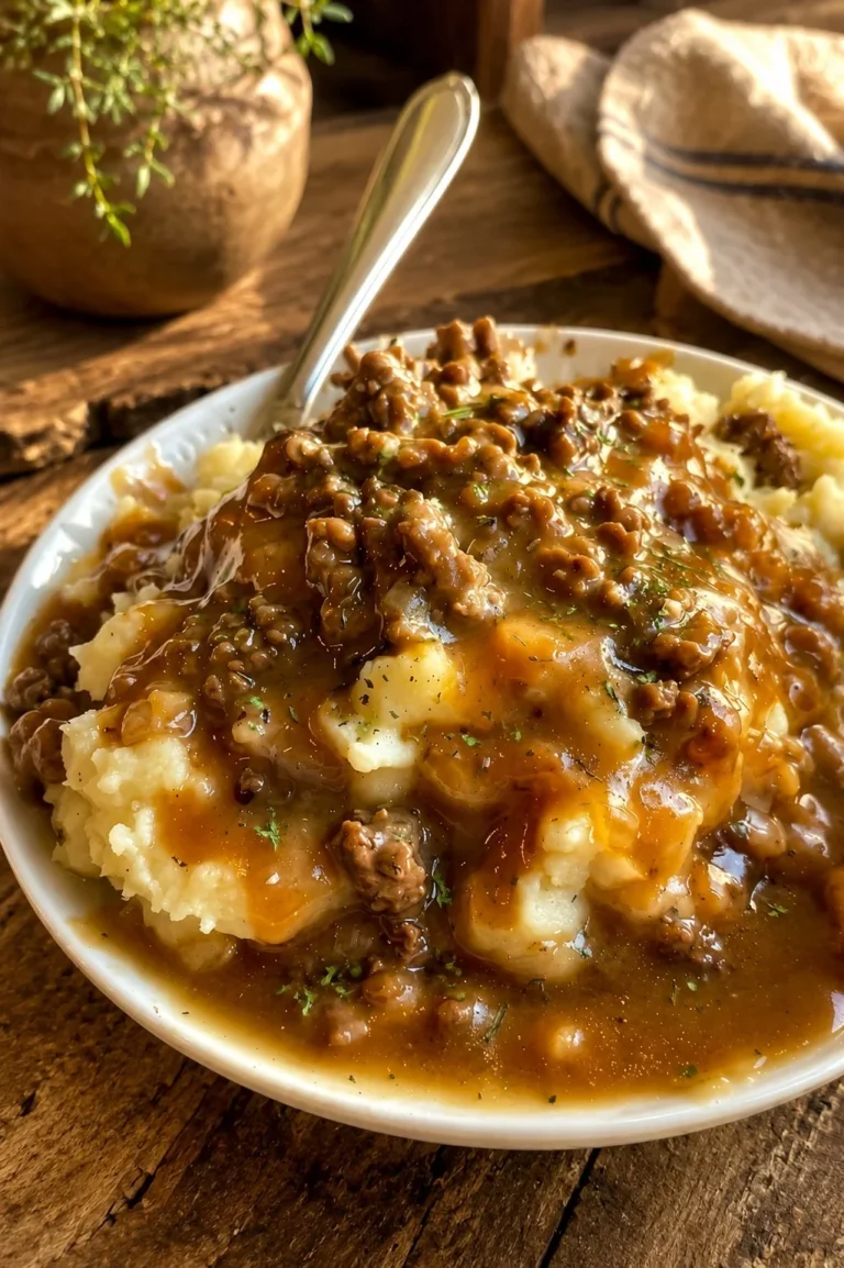 Ground beef and gravy served over creamy mashed potatoes in a bowl.