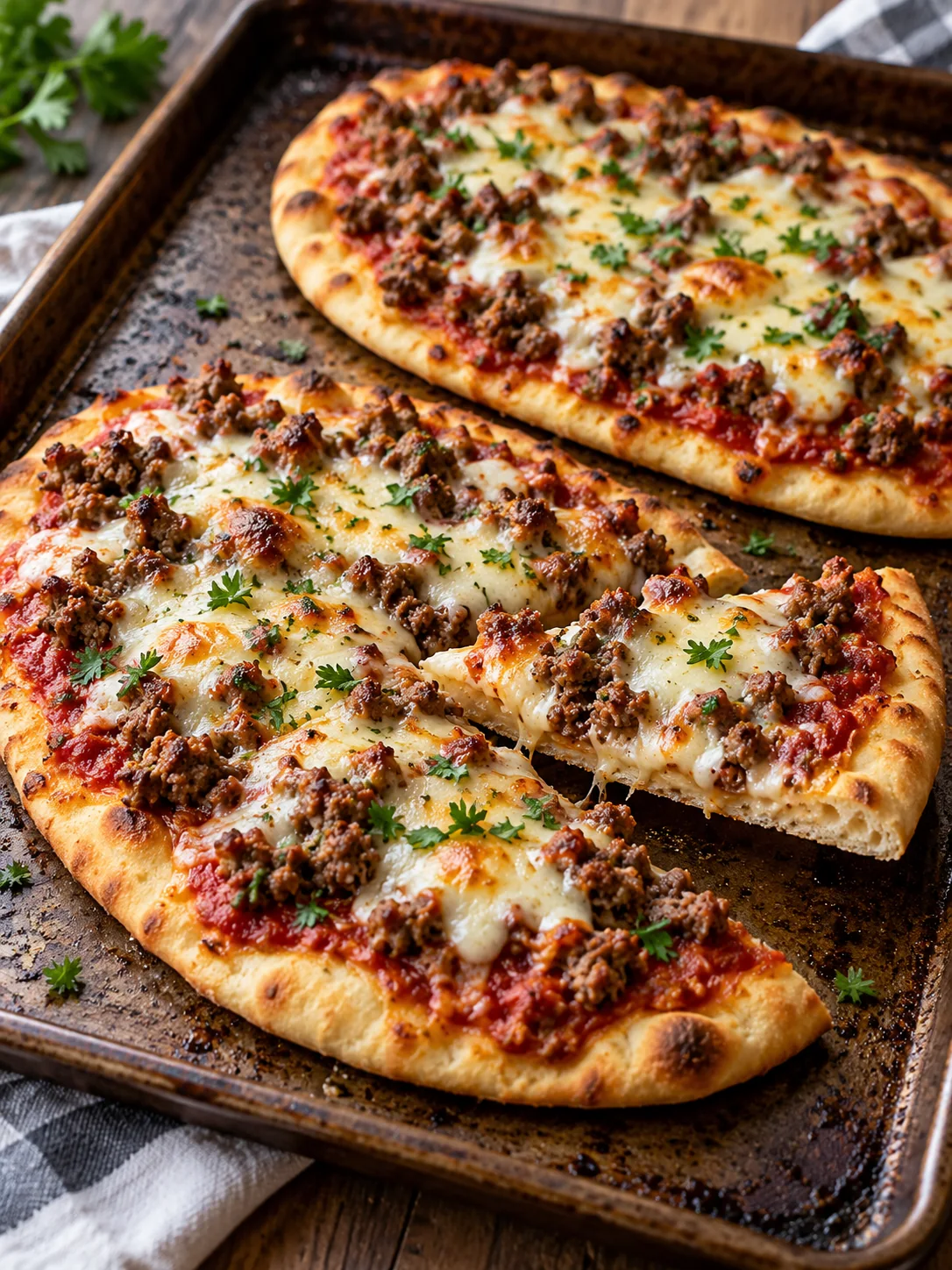 Sliced ground beef flatbread pizzas with melted mozzarella and parsley