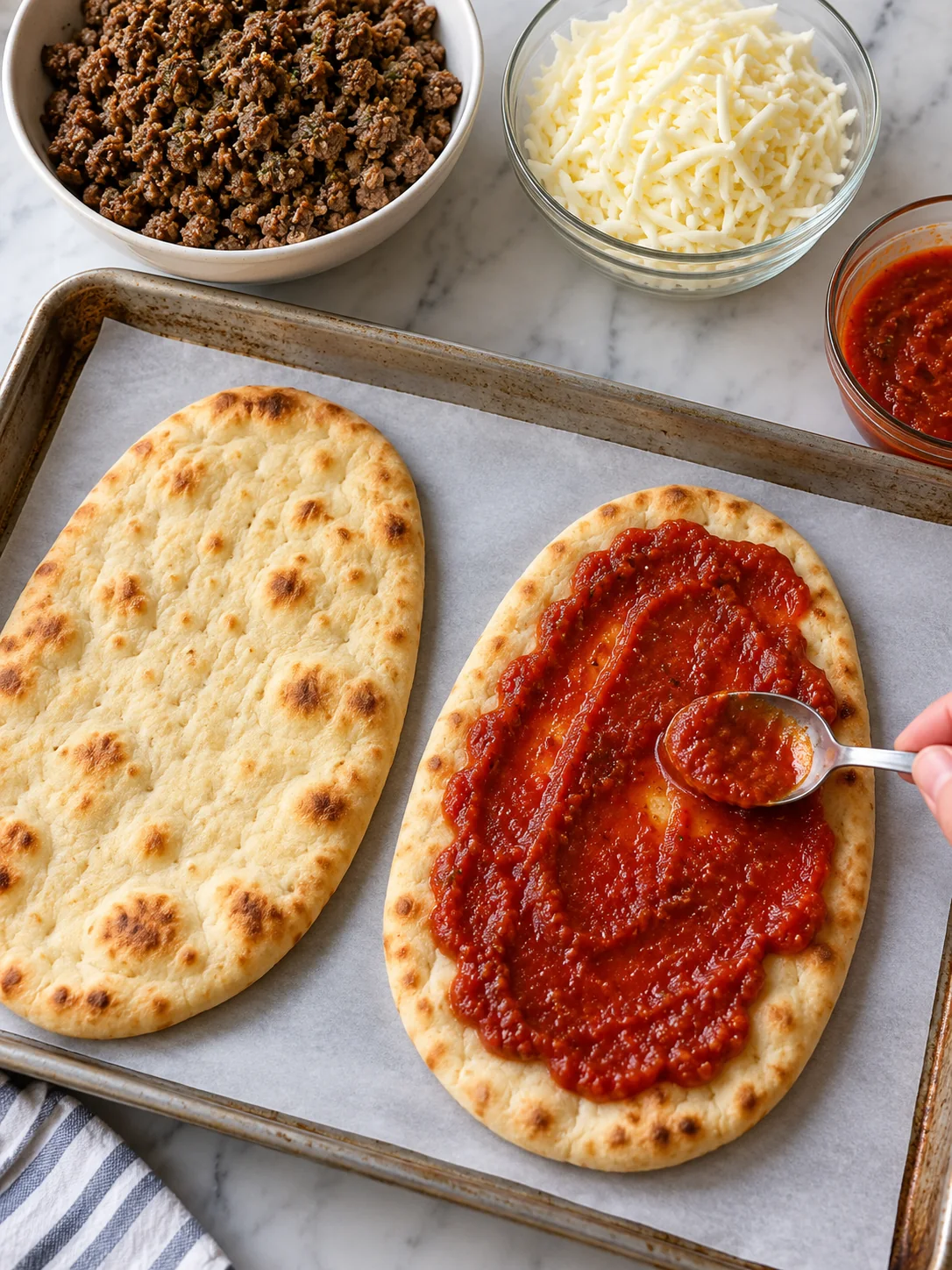 Pizza sauce spread over a flatbread before adding ground beef