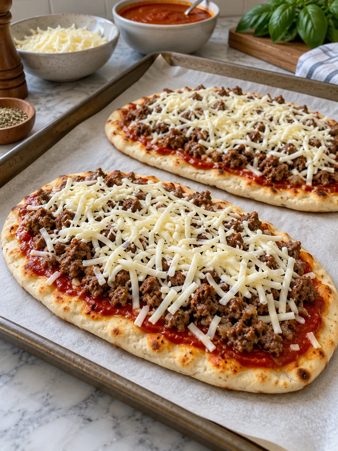 Unbaked ground beef flatbread pizzas topped with mozzarella