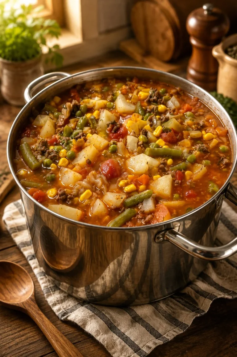 Bowl of hearty ground beef vegetable soup with fresh vegetables and herbs