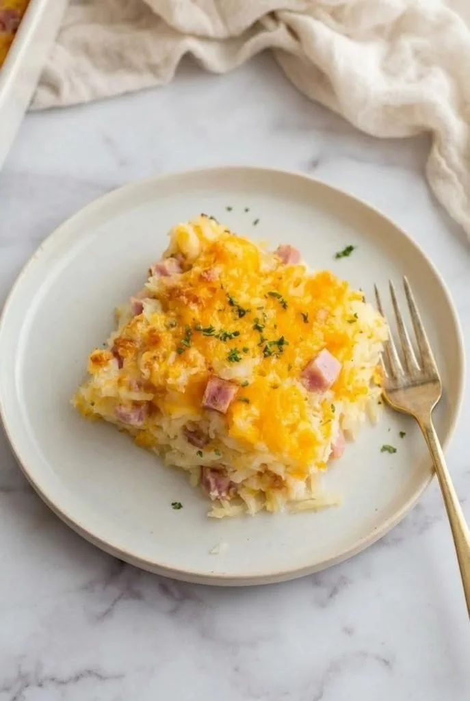 Ham and Cheese Hash Brown Casserole dish served on a plate