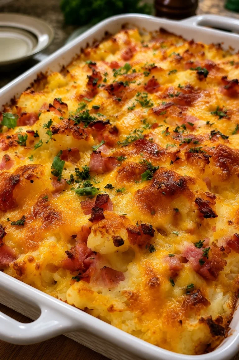 Savory Ham and Potato Casserole baked with cheese and seasoning