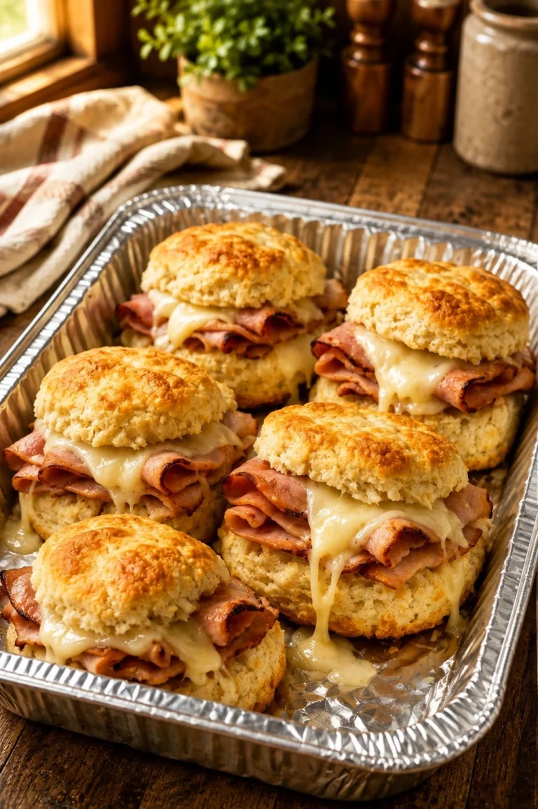 Delicious ham and swiss sliders served on flaky biscuits