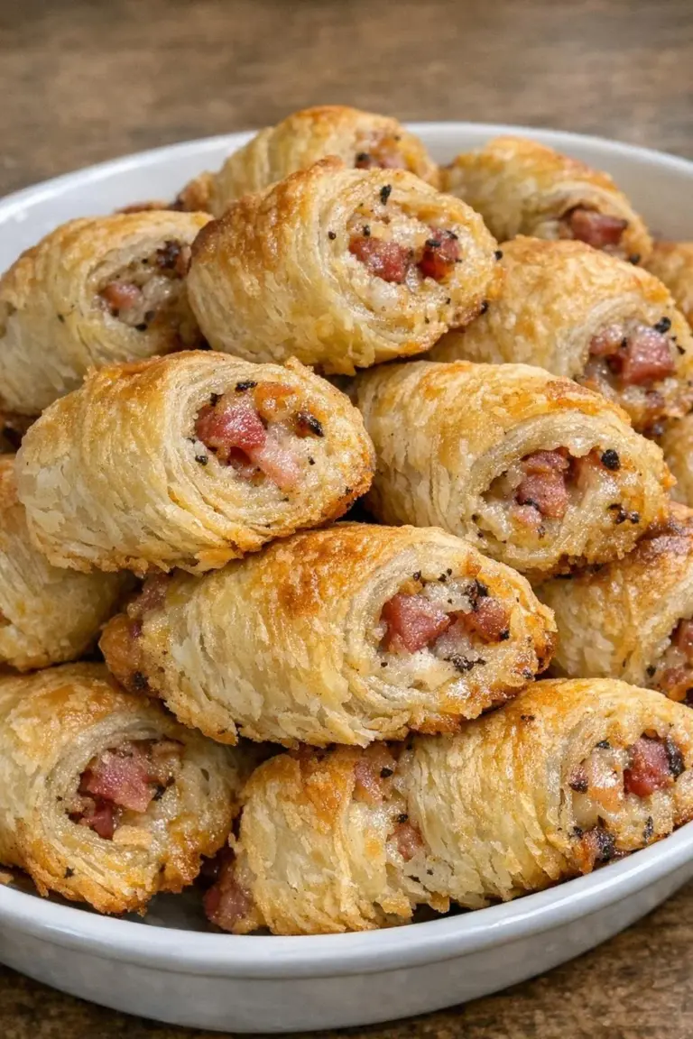 Golden ham and cheddar puff pastry spirals piled in a serving dish