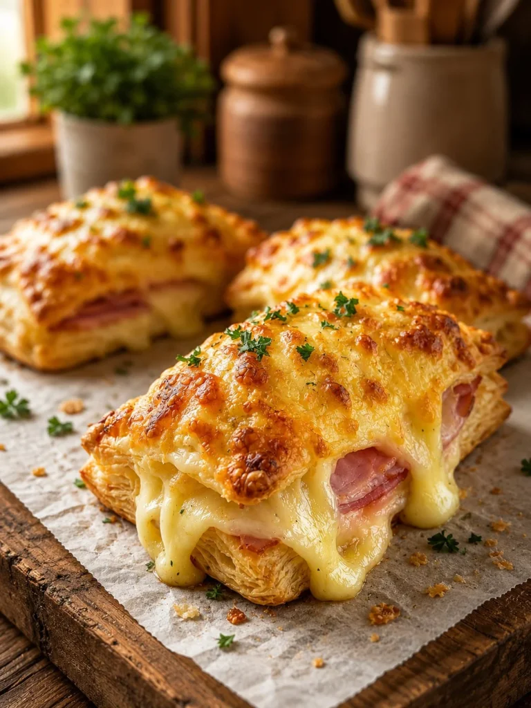 Golden ham cheese puff pastry filled with savory ham and melted cheese