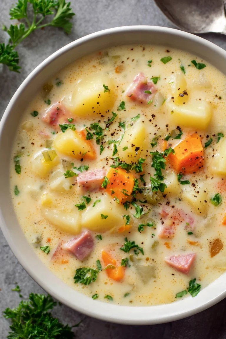 Finished creamy ham and potato soup with carrots, cheddar, and parsley