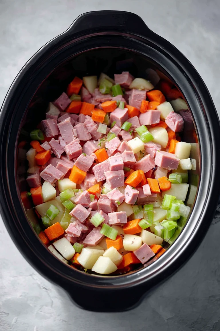 Diced ham and vegetables layered over potatoes in a slow cooker