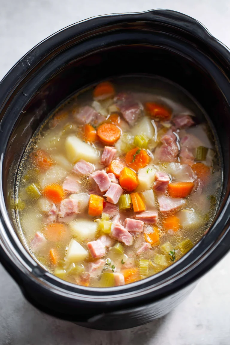 Cooked ham, potatoes, and carrots in broth inside a slow cooker