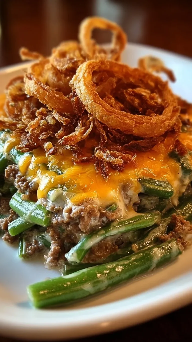 A 9x13 baking dish filled with creamy ground beef and green bean casserole topped with golden brown crispy fried onions.