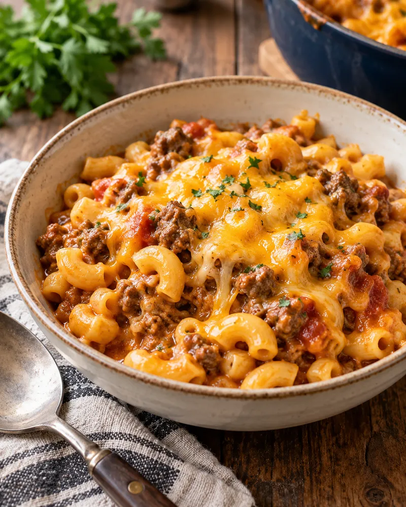 Bowl of finished hamburger macaroni casserole