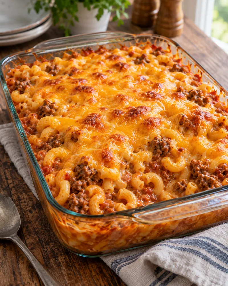 Baked hamburger and macaroni casserole with melted cheddar in a glass dish
