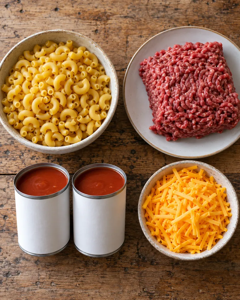Four ingredients for hamburger macaroni casserole