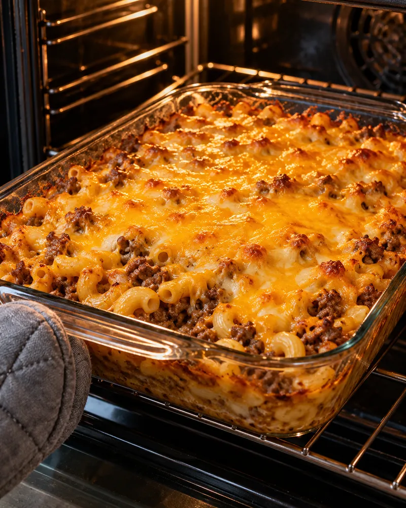 Macaroni casserole baking in the oven