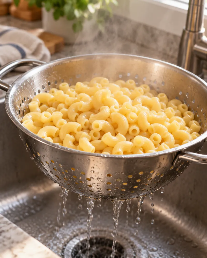 Cooked elbow macaroni draining