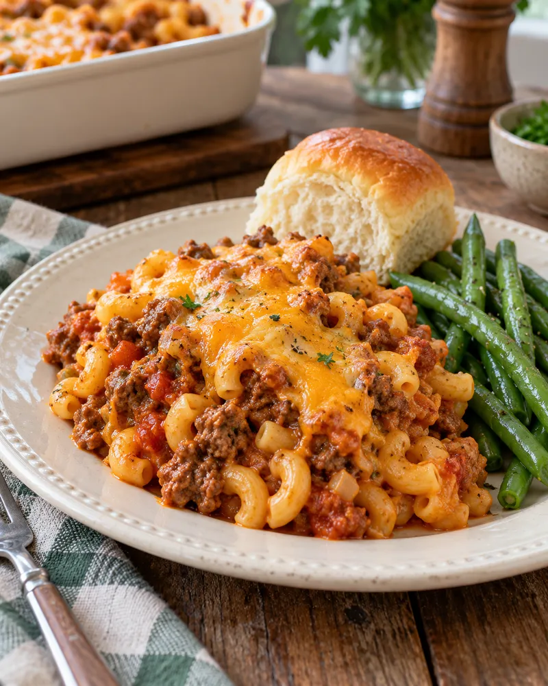 Serving of hamburger macaroni casserole with green beans and a roll