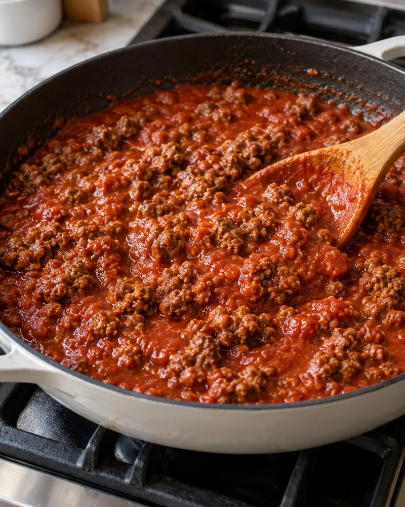 Ground beef and tomato soup simmering in a skillet