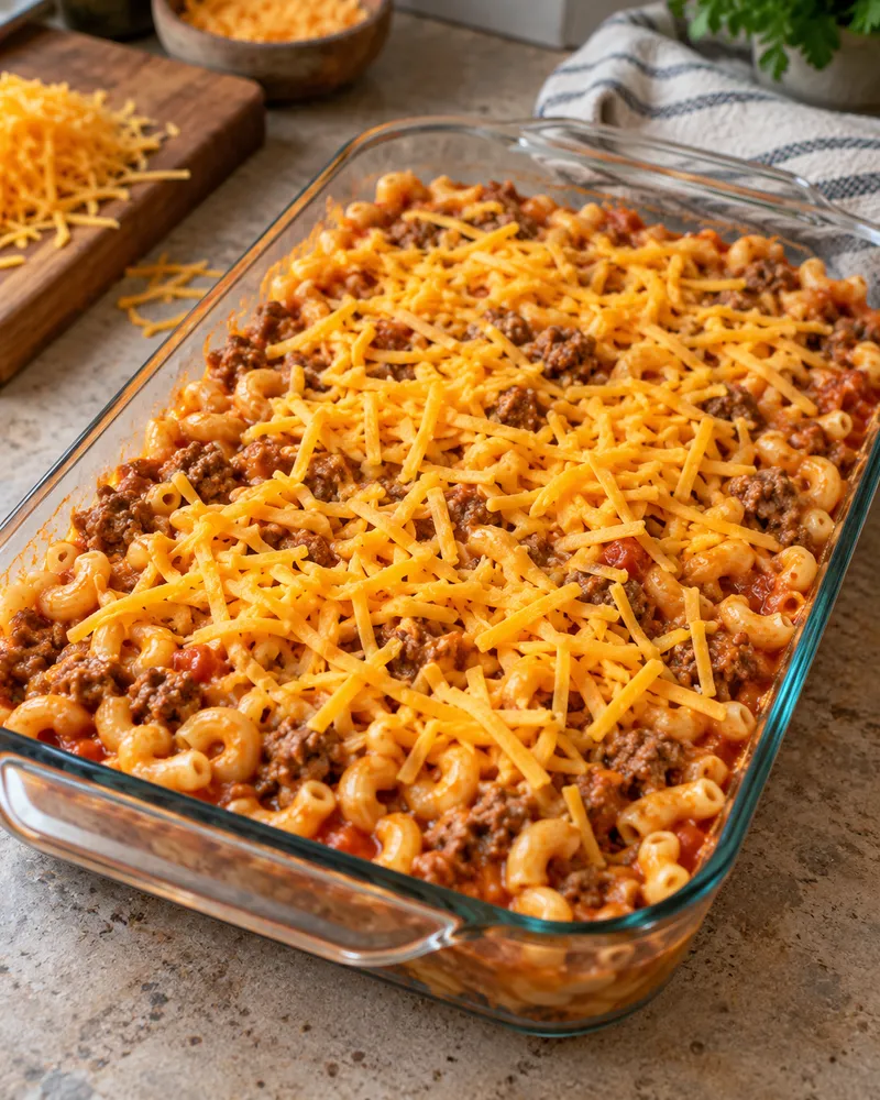 Unbaked hamburger macaroni casserole topped with cheddar