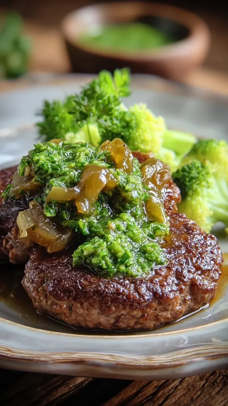 Juicy pan-seared hamburger steak topped with a bright green broccoli gremolata on a white plate.