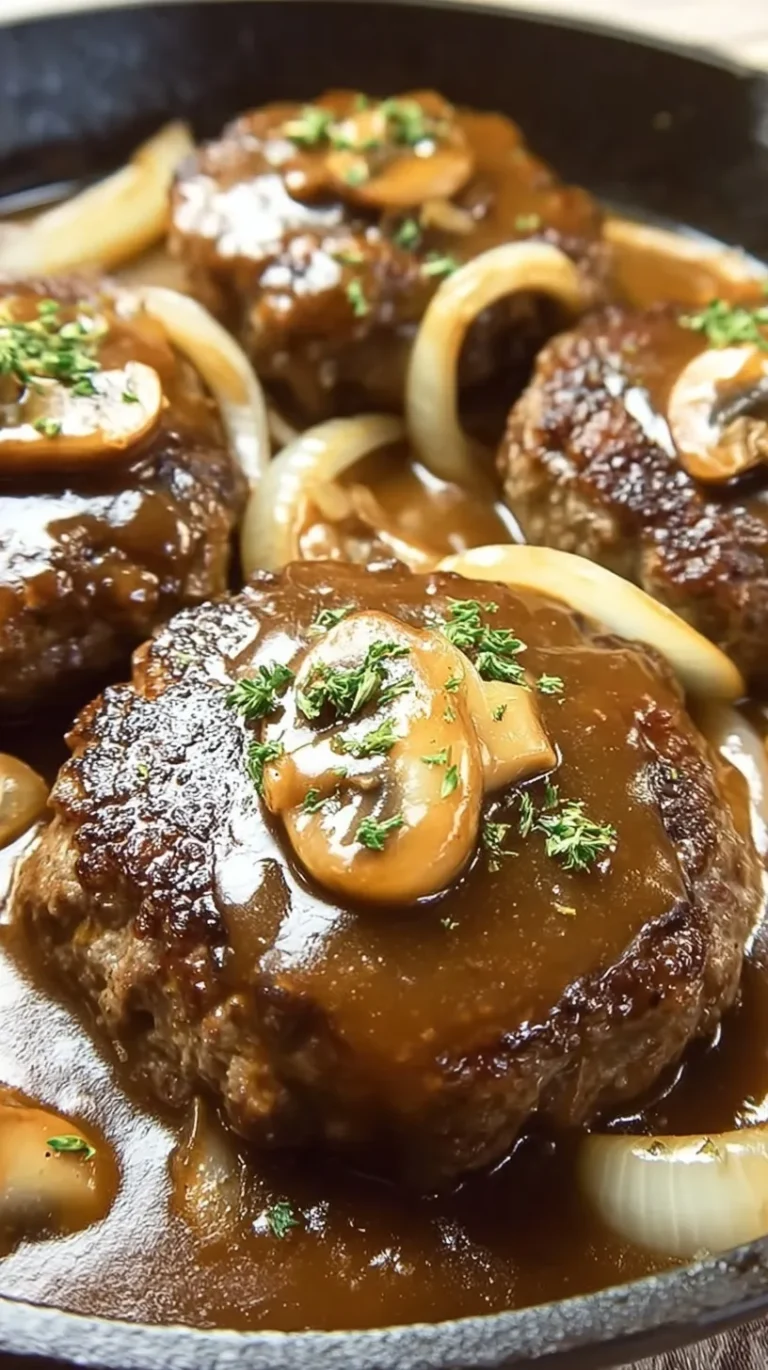 A skillet filled with seared ground beef patties smothered in a rich onion brown gravy.