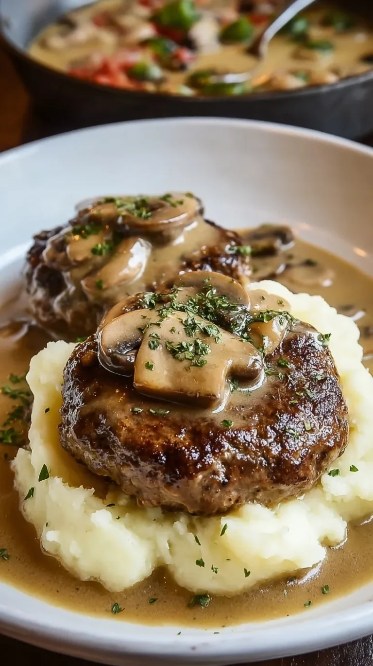 Juicy hamburger steaks smothered in brown mushroom gravy served over creamy mashed potatoes