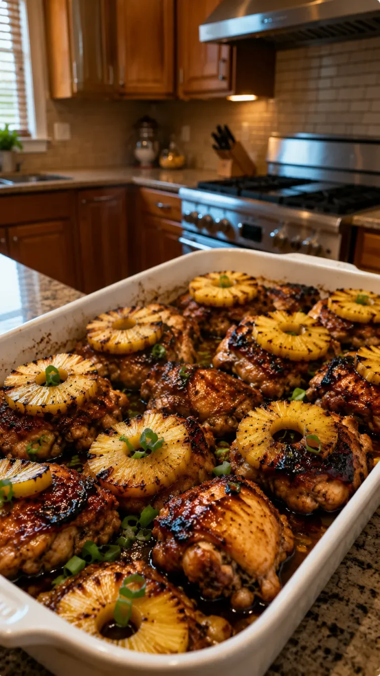 Baked Hawaiian glazed chicken thighs topped with caramelized pineapple rings in a rich sweet savory sauce.