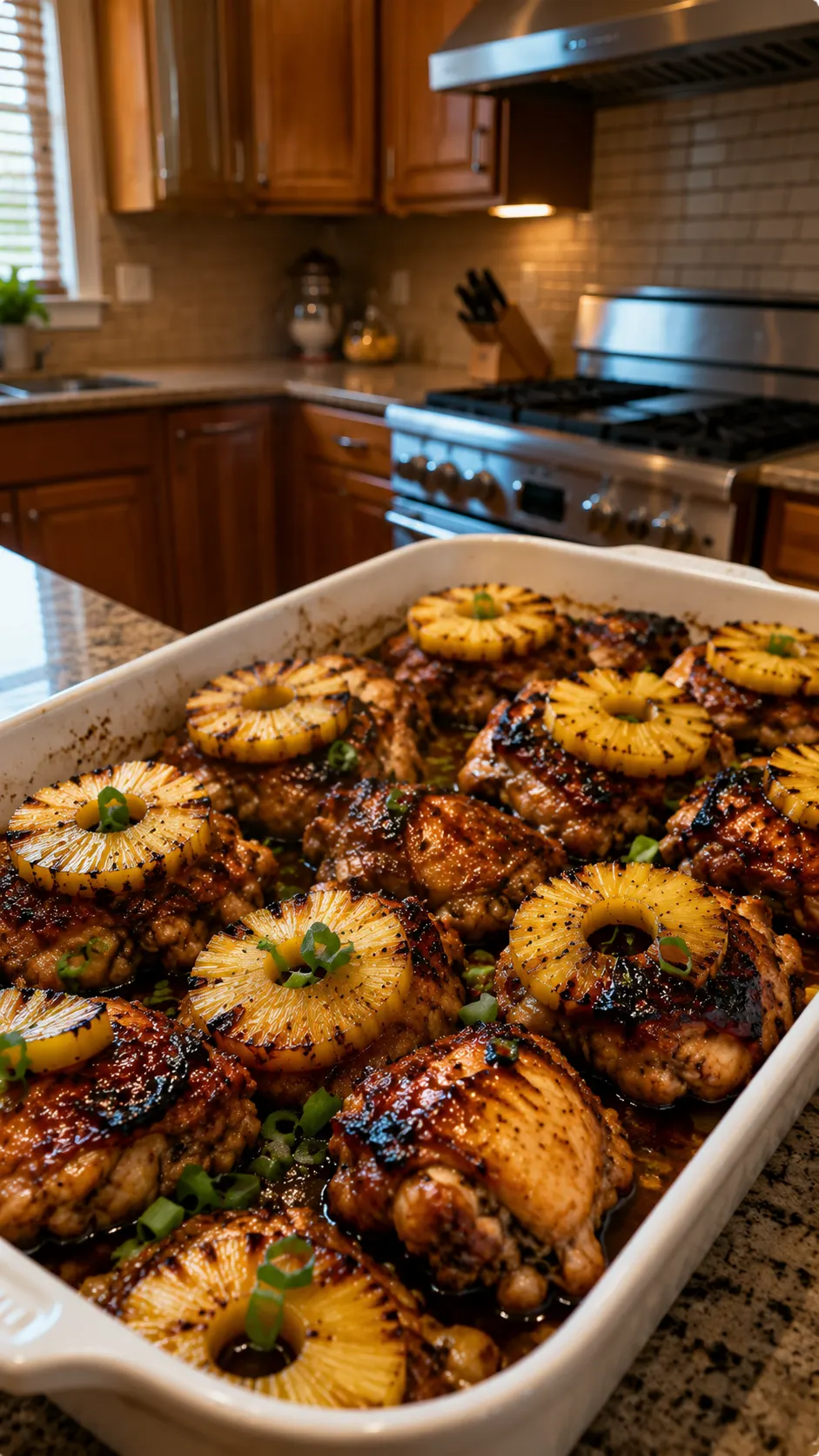 Baked Hawaiian glazed chicken thighs topped with caramelized pineapple rings in a rich sweet savory sauce.