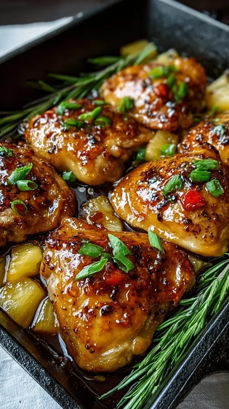 Pan-seared chicken thighs coated in a shiny pineapple glaze with fresh pineapple chunks and green onions.