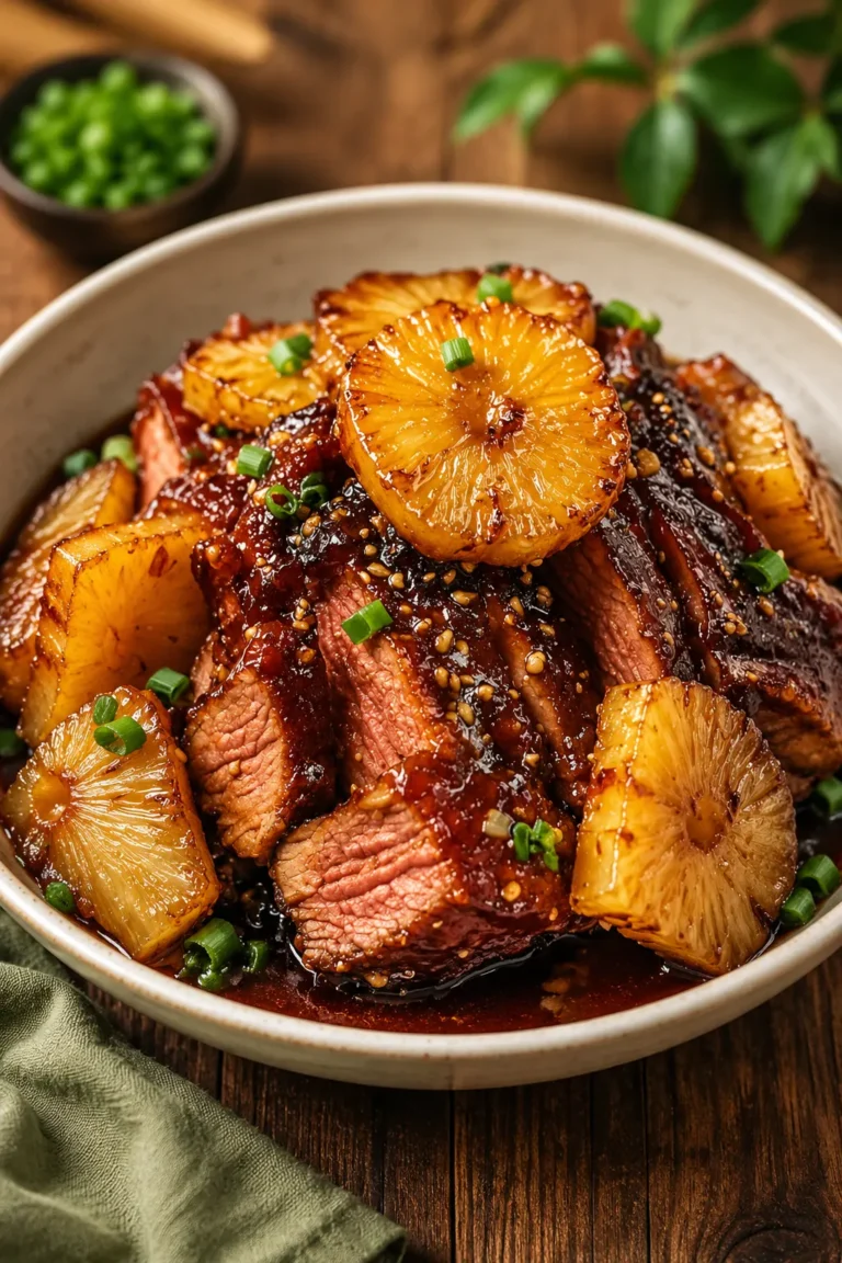 Juicy Hawaiian pineapple glazed steak topped with caramelized pineapple slices and green onions in a glass baking dish.