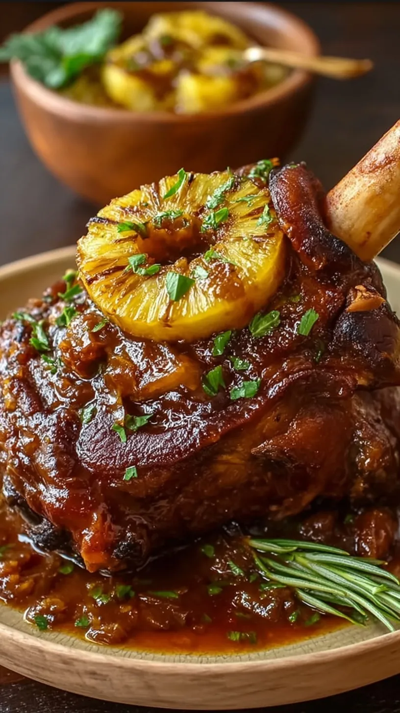 A tender glazed pork shank served with pineapple chunks and a glossy sauce.