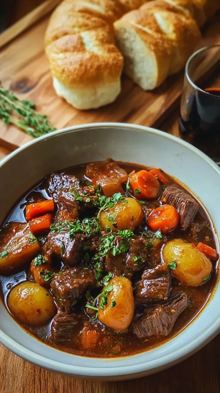 A dark, rich beef and Guinness stew in a black Dutch oven with carrots and potatoes.