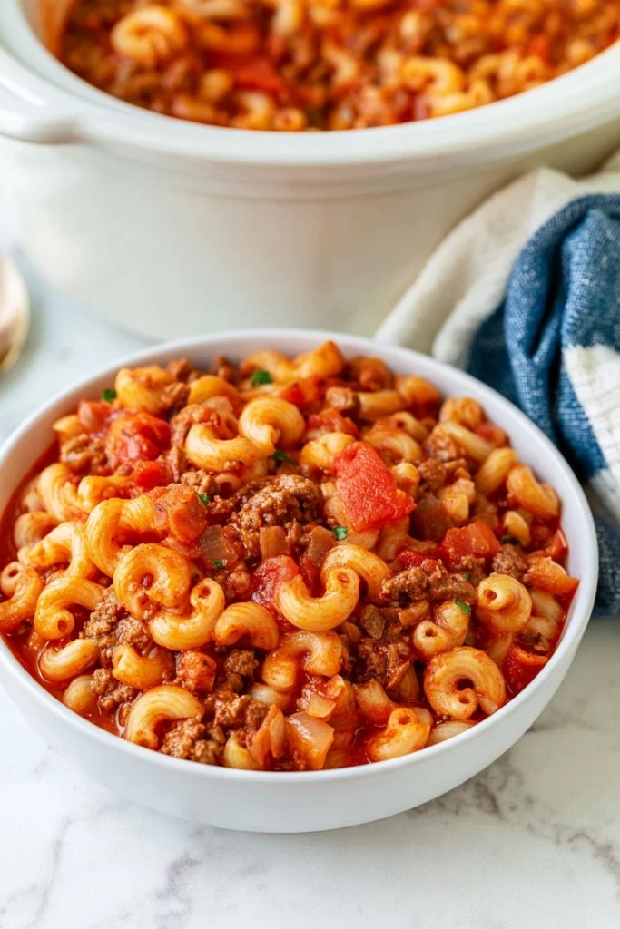 Hearty Crockpot Goulash served in a bowl with ingredients visible