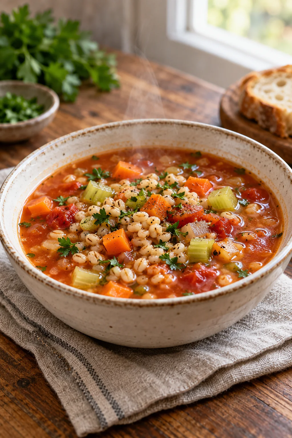 Bowl of hearty vegetable barley soup with carrots and parsley
