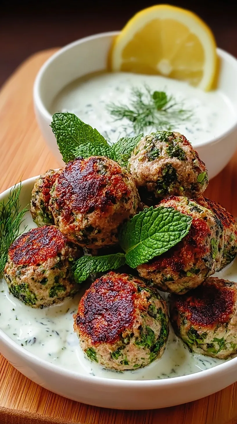 Golden fried herb balls served on a plate with a side of creamy lemon yogurt sauce.